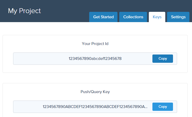 Screenshot of project keys in Connect admin console